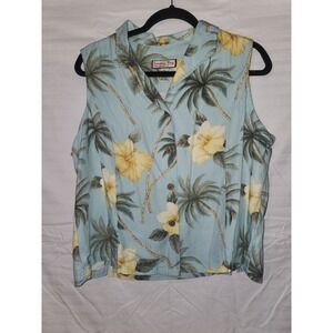 JAMAICA BAY Women's Tropical Floral Blue Yellow Sleeveless Button Down Shirt XL